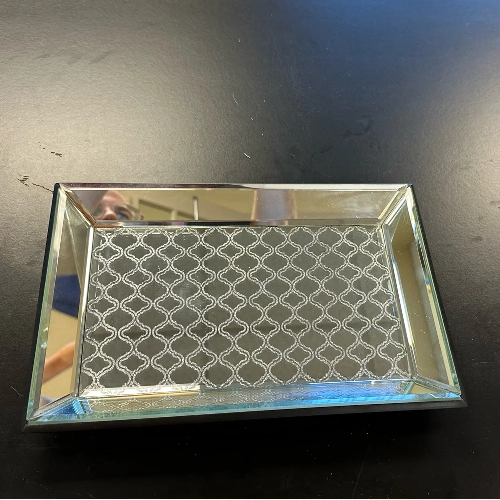 Glass rectangle tray 12”x 8” - slight adhesive discoloration in one corner